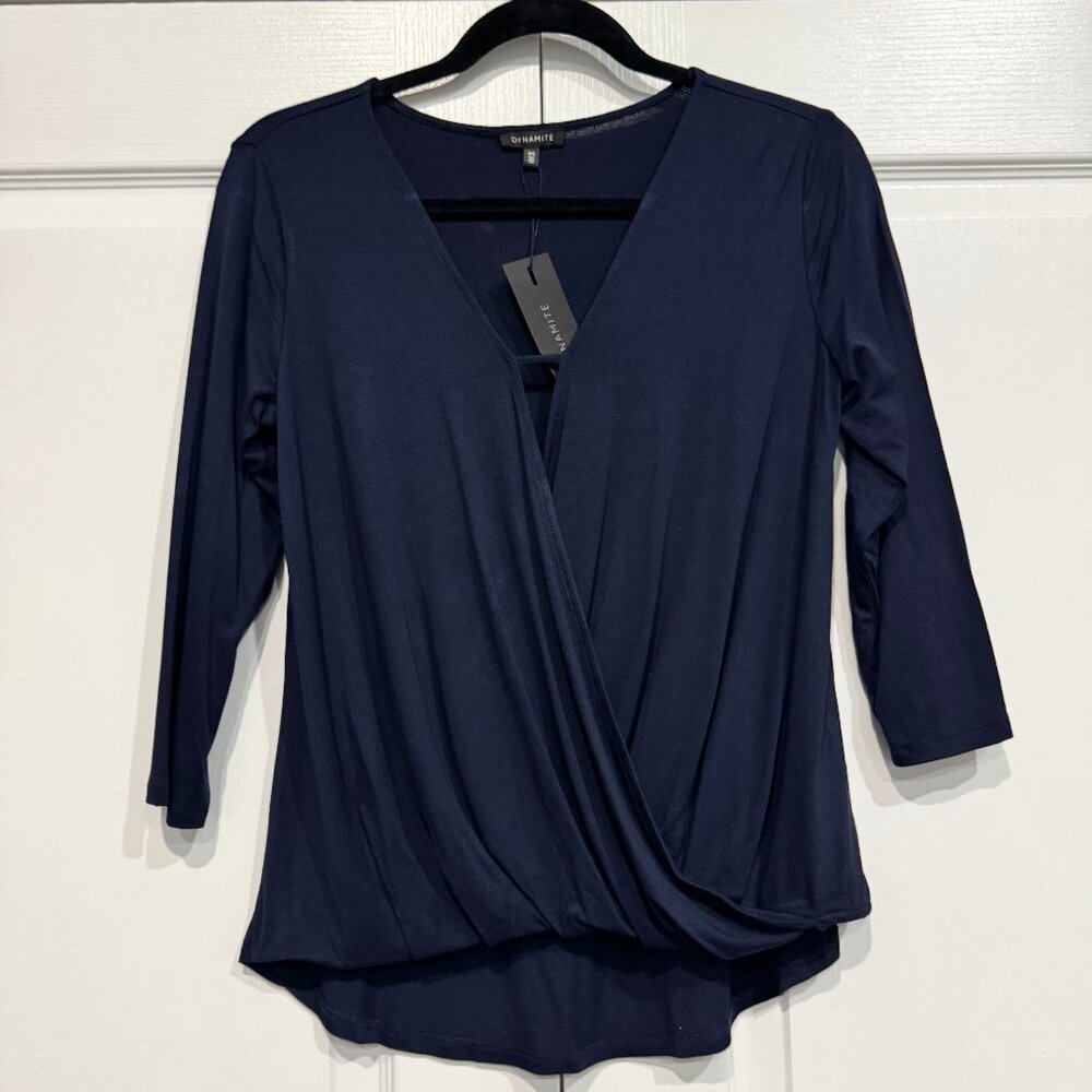 NWT Dynamite Navy 3/4 Sleeve Draped Front Pullover Top - Size Small